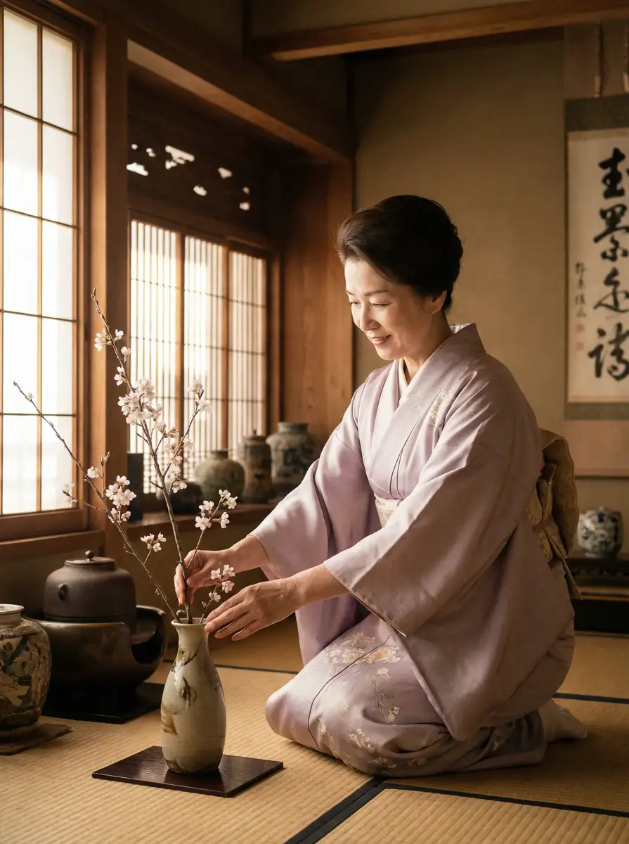 一位优雅的 MK体育平台 在和室中插花